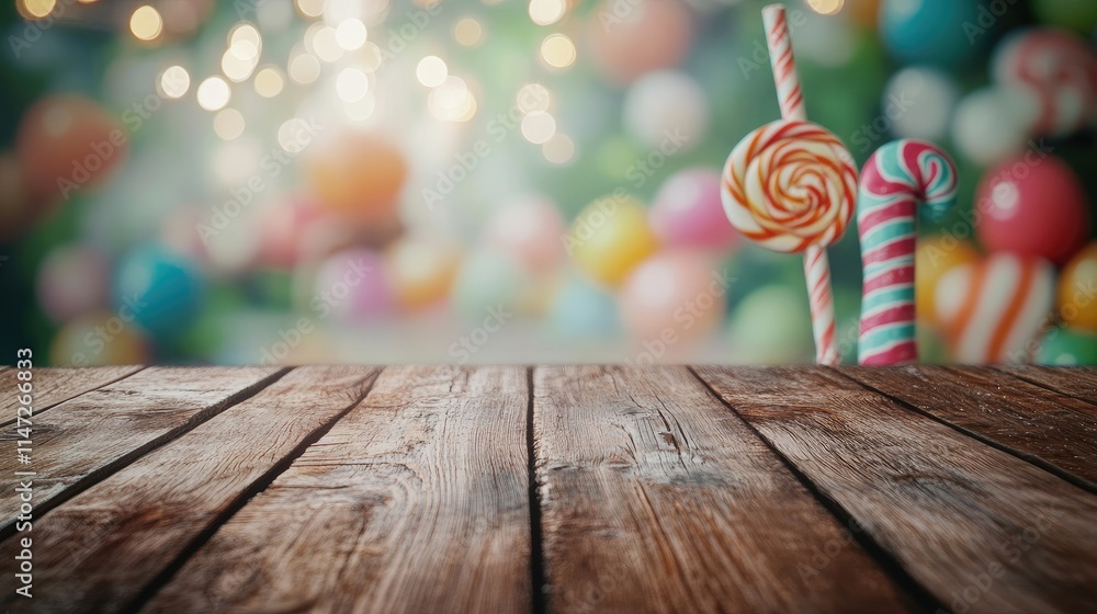 Poster a rustic wooden table in focus with a playful, whimsical candy land scene blurred in the background,