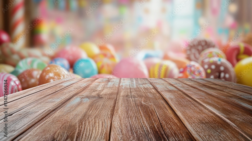 Poster a rustic wooden table in sharp focus, with a vibrant and whimsical candy land scene softly blurred i