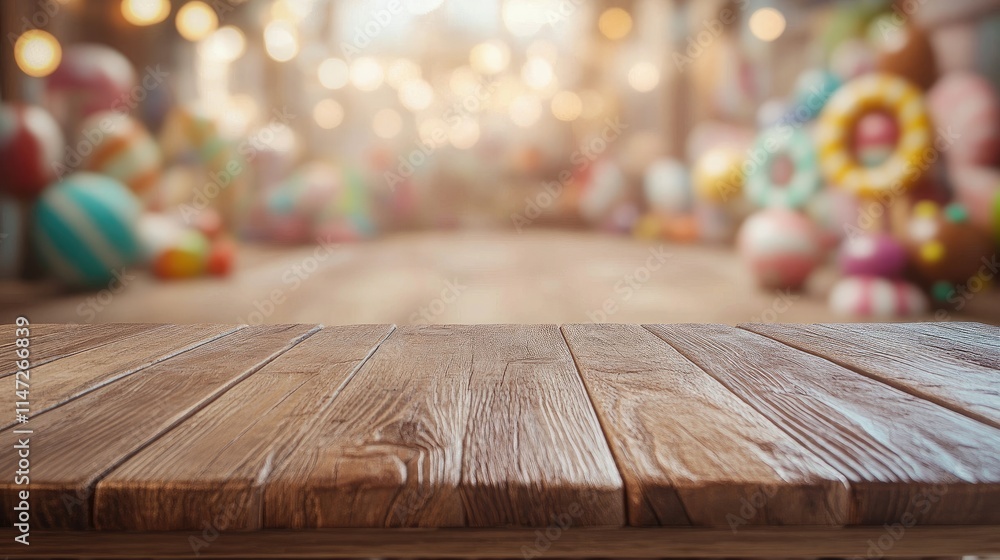 Poster a rustic wooden table in focus with a playful, whimsical candy land scene blurred in the background,