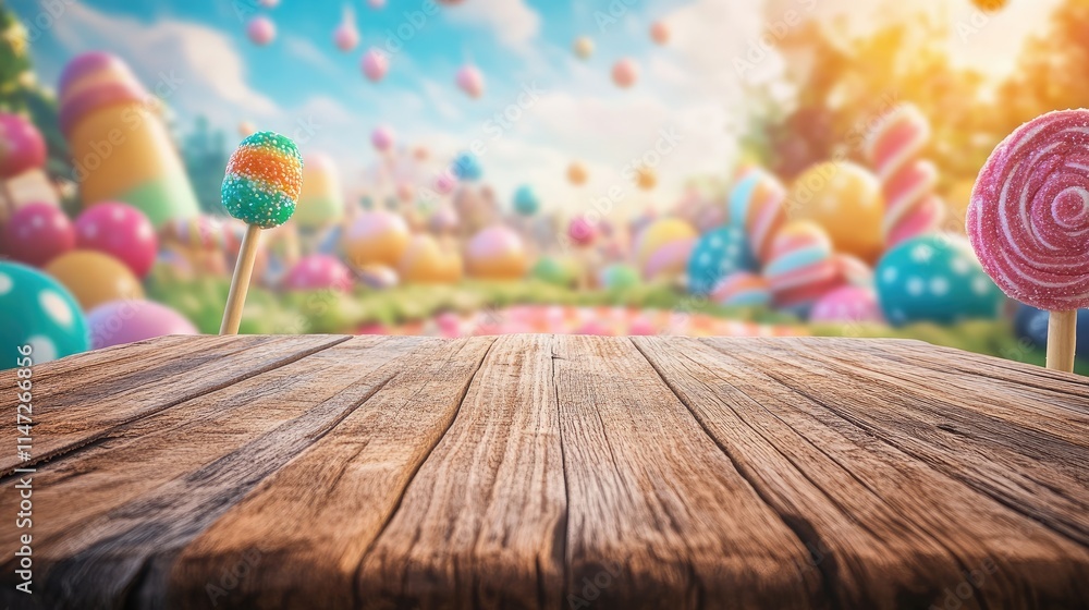 Aufkleber a rustic wooden table in sharp focus, with a vibrant and whimsical candy land scene softly blurred i