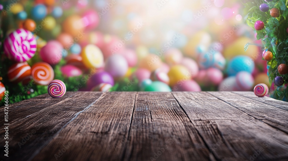 Poster a rustic wooden table in sharp focus, with a vibrant and whimsical candy land scene softly blurred i