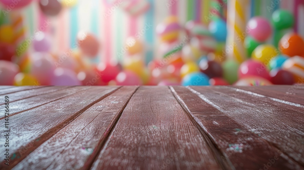 Aufkleber a rustic wooden table in sharp focus, with a vibrant and whimsical candy land scene softly blurred i