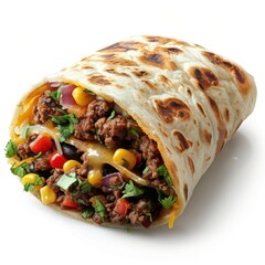 A mouthwatering beef burrito with veggies and cheese.