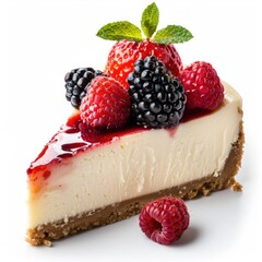 A freshly made cheesecake with raspberries and blackberries on top.