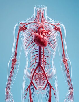 Anatomical illustration of the human circulatory system with a focus on the heart and blood vessels.