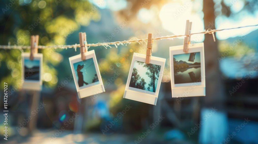 Leinwandbilder polaroid photos display on string with clothespins against a sunlit outdoor backdrop, inviting nosta