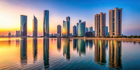 Fototapeta premium Architecture on Al Reem Island in Abu Dhabi at dawn, al reem island architecture