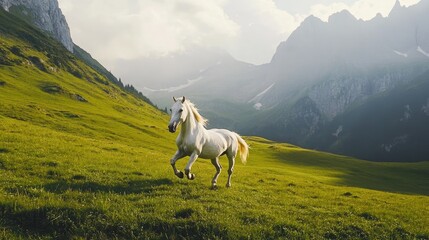 A serene shot of a white horse running across a green field with majestic mountains behind, symbolizing the harmony between nature and wild life