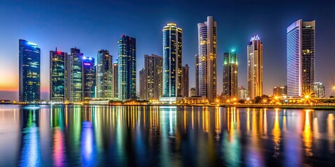 Al Reem Island buildings at night, al reem island skyviews, abu dhabi evening