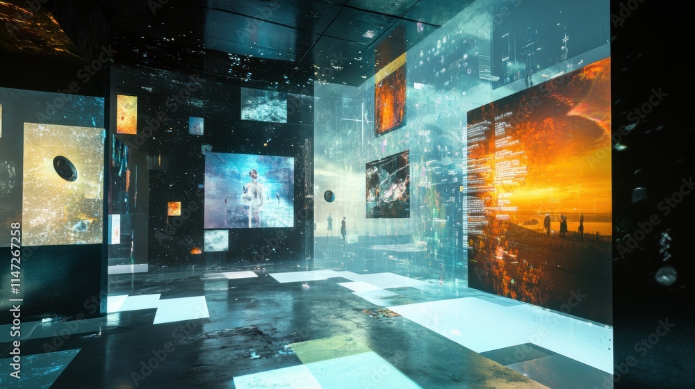 Aufkleber Visitors interact with innovative virtual artworks and avatars in a captivating digital gallery that showcases creativity and technology. Generative AI