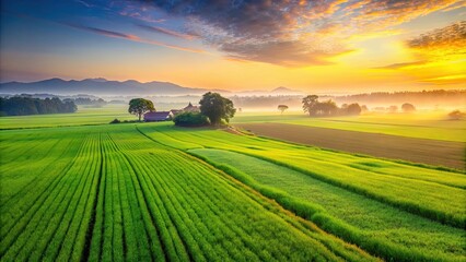 Obraz premium Green farmland at dawn, agriculture land, green fields, sunrise scenes