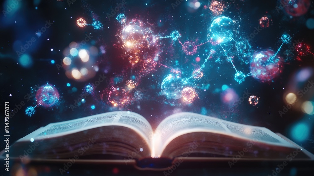 Poster a stunning holographic projection of atoms and molecules floating from an open book, with a dark, dr