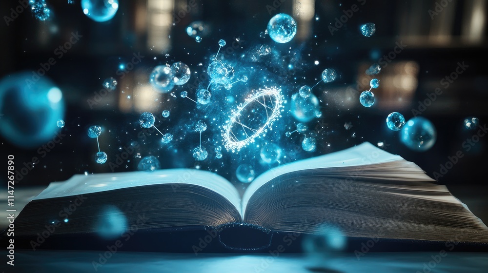 Poster a stunning holographic projection of atoms and molecules floating from an open book, with a dark, dr
