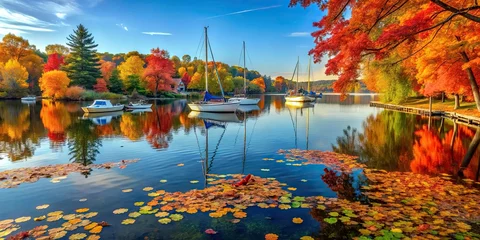 Selbstklebende Fototapeten A festive scene of a lake with autumn leaves, boats and sailboats, water lilies, and trees with fall colors, autumn © udomsak