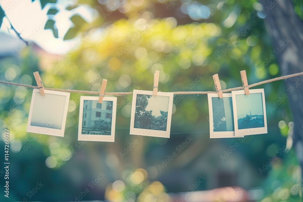 Poster polaroid photos displayed on string with clothespins in a bright outdoor setting for creative mock u