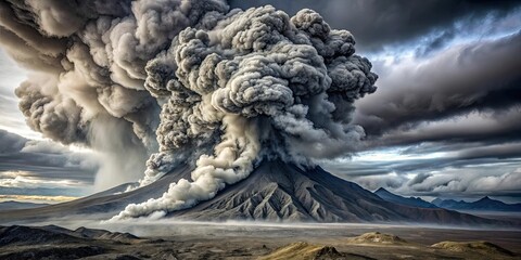 Fototapeta na wymiar Dense grey smoke billows from a volcanic eruption in a misty, eerie landscape
