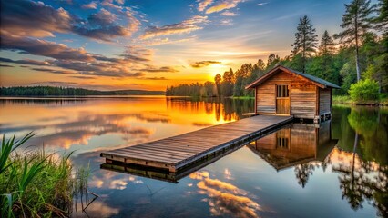 Fototapeta premium Childrens summer camp cabin with a wooden dock on a lake at sunset, camp life