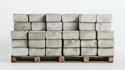 A sturdy pile of cement blocks neatly stacked on a pallet, captured in sharp focus with a clean white background to highlight their texture and solid structure