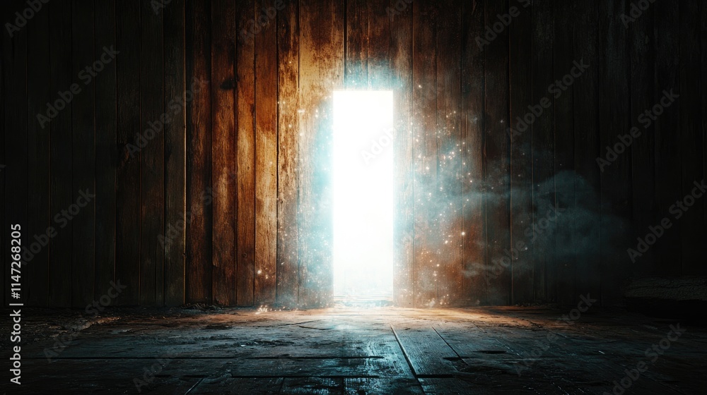 Poster a surreal scene of a glowing white void piercing through a rustic wooden wall, emitting a powerful l