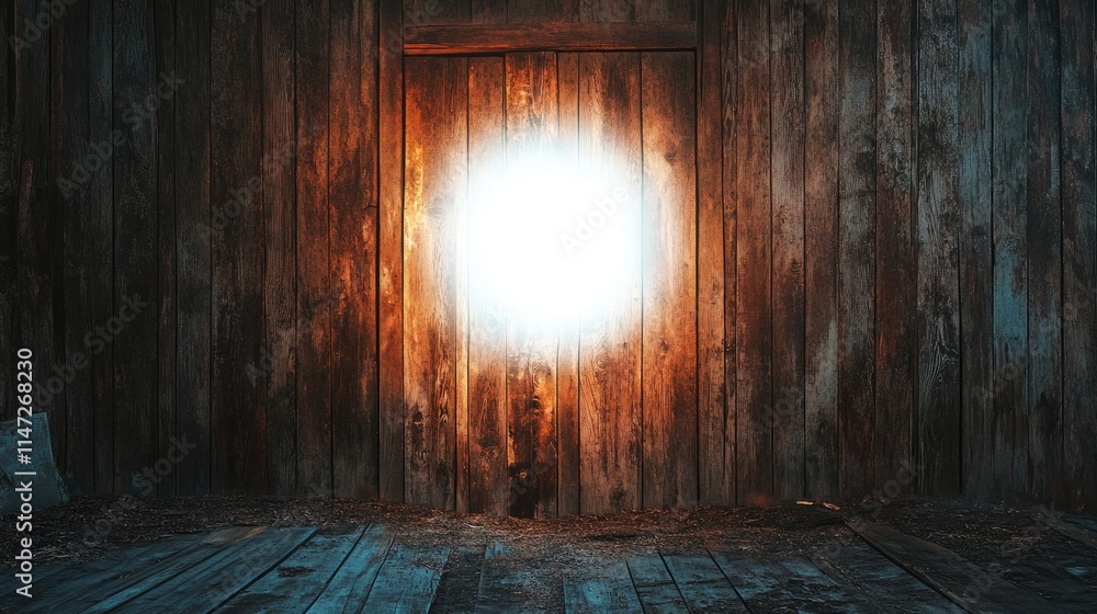 Poster a surreal scene of a glowing white void piercing through a rustic wooden wall, emitting a powerful l
