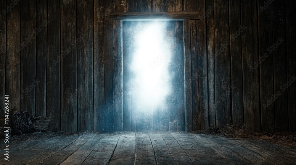 Poster a surreal scene of a glowing white void piercing through a rustic wooden wall, emitting a powerful l