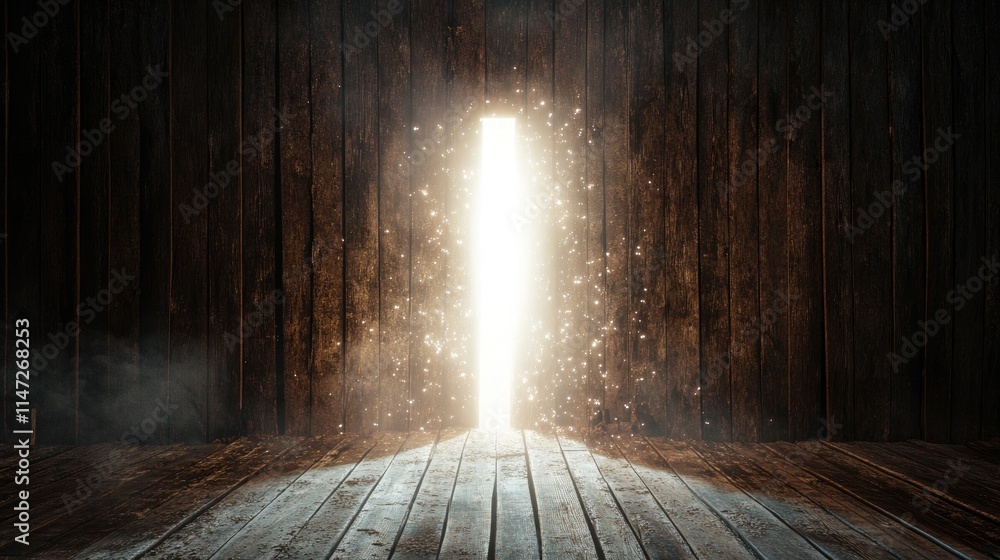 Poster a surreal scene of a glowing white void piercing through a rustic wooden wall, emitting a powerful l