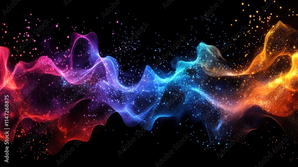 Poster A vibrant and abstract flow of digital particles, bursting with color and energy, representing the pulse of modern technology and digital innovation