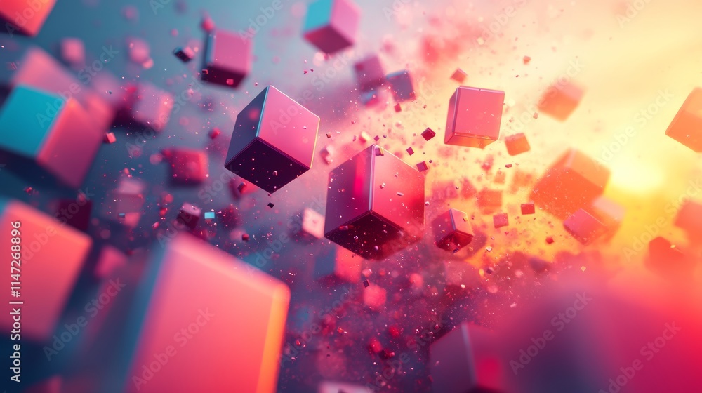 Poster surreal abstract composition of fragmented cubes in motion