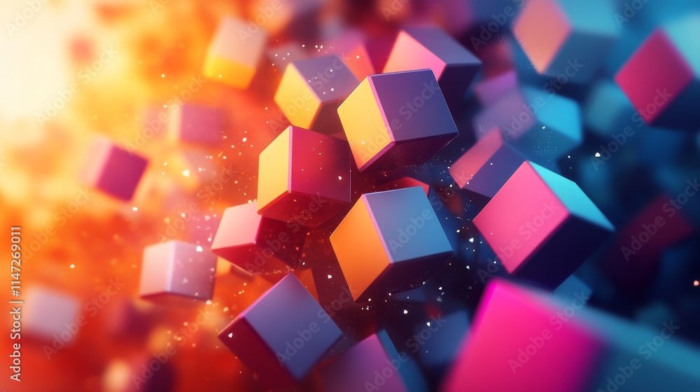 Poster surreal abstract composition of fragmented cubes in vibrant colors