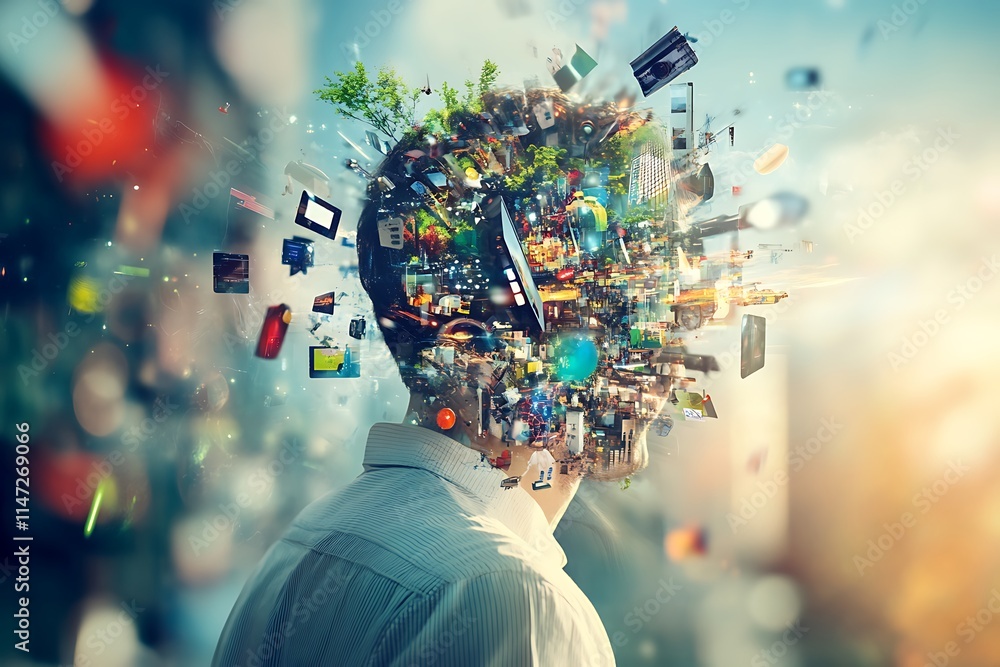 Poster information overload, man with exploding head of technology