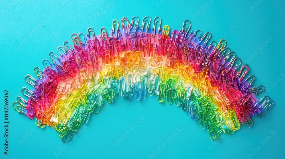 Aufkleber A vibrant collection of paper clips arranged in a rainbow pattern on a turquoise background, symbolizing order and creativity in a colorful display