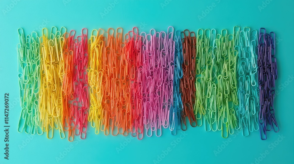 Aufkleber A vibrant collection of paper clips arranged in a rainbow pattern on a turquoise background, symbolizing order and creativity in a colorful display
