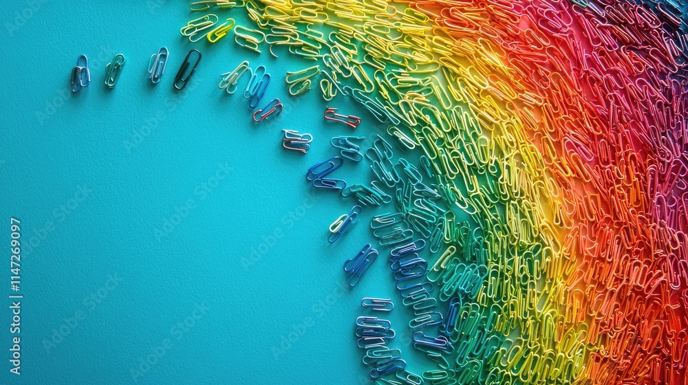 Poster A vibrant collection of paper clips arranged in a rainbow pattern on a turquoise background, symbolizing order and creativity in a colorful display