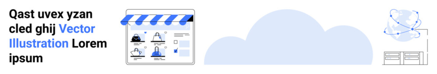 E-commerce website interface under storefront awning, cloud icon, data transfer representation. Ideal for online shopping, cloud computing, cybersecurity, digital marketing, retail business, user