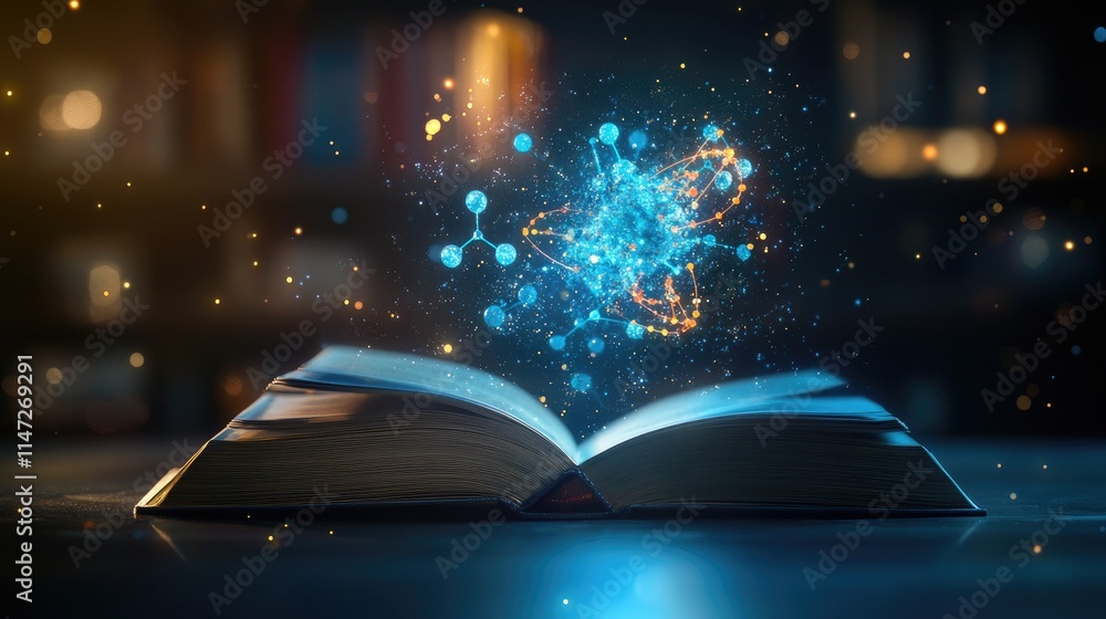 Poster a vivid holographic projection of atoms and molecules rising from an open book on a dark table, with