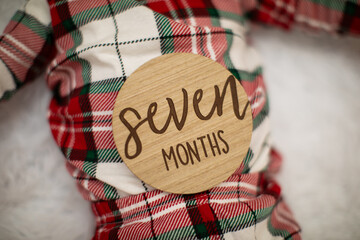 Baby in a chirstmas outfit holding a seven month old milestone wooden sign