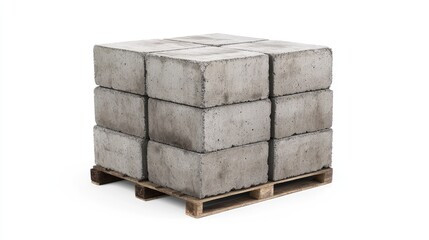A well-organized stack of cement blocks on a pallet, isolated against a white background, emphasizing their industrial texture and solid structure