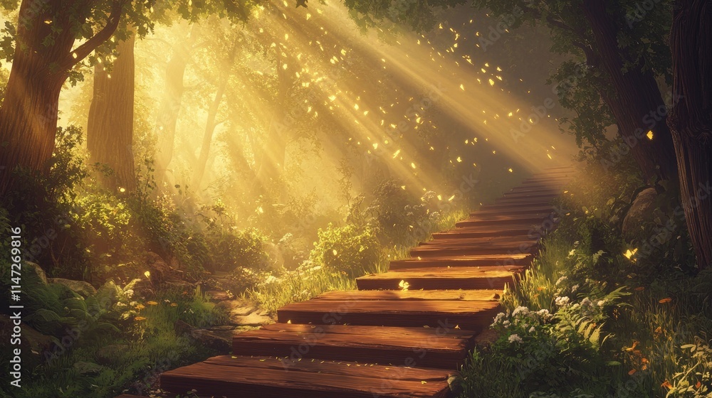 Poster a wooden staircase leading through a peaceful forest, with beams of light shining through the trees,