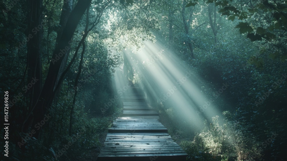 Poster a wooden staircase leading through a peaceful forest, with beams of light shining through the trees,
