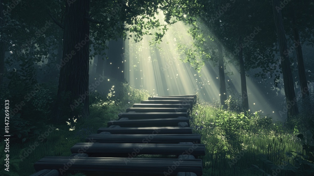 Poster a wooden staircase leading through a peaceful forest, with beams of light shining through the trees,