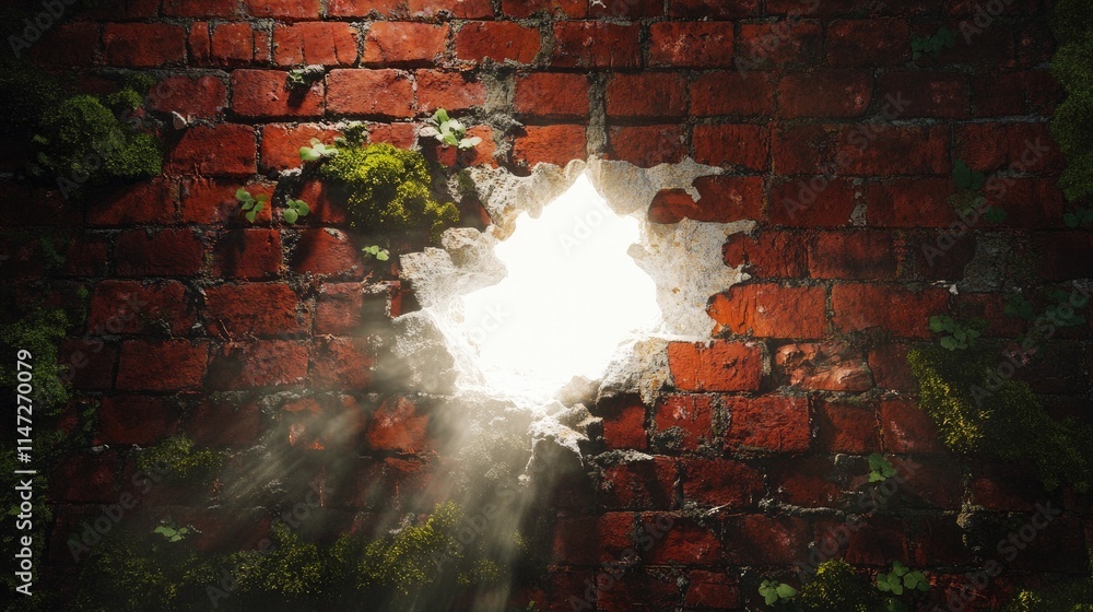 Aufkleber an ethereal white hole cracks open an aged red brick wall, with patches of moss glowing as light bur