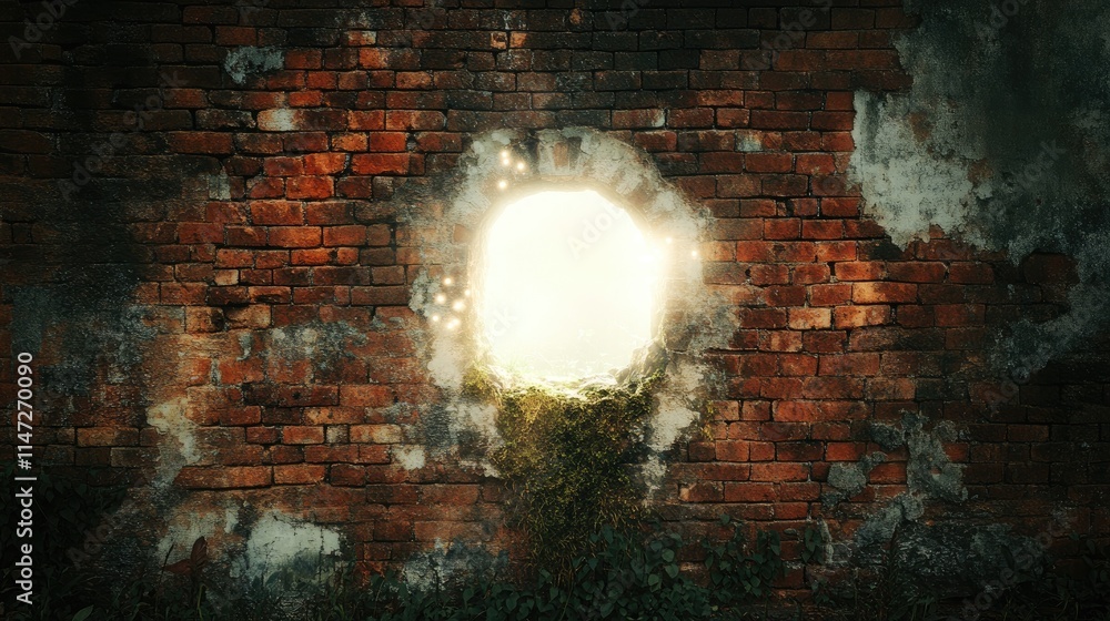 Poster an ethereal white hole cracks open an aged red brick wall, with patches of moss glowing as light bur