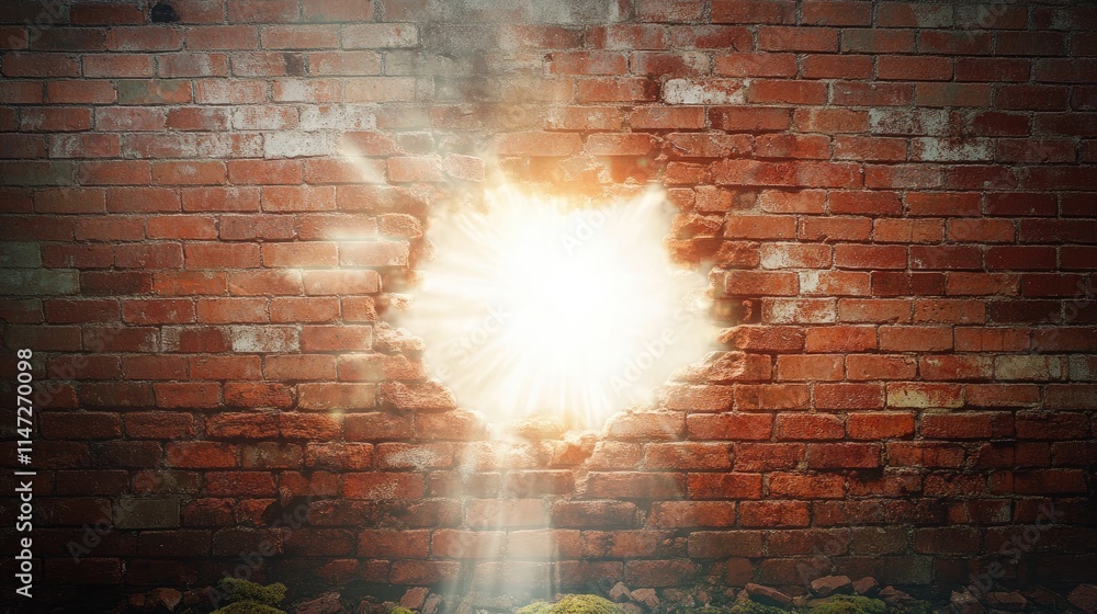 Poster an ethereal white hole cracks open an aged red brick wall, with patches of moss glowing as light bur