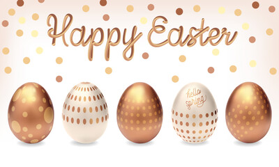 Set Golden Easter eggs. Easter gold decoration set. Gold easter eggs with patten set. Set of golden egg. Golden Easter eggs isolated white background. Egg hunt game. Happy easter day eggs vector set