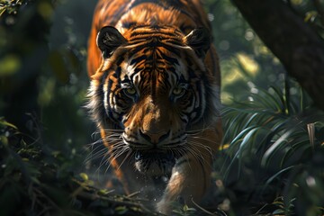 Majestic Tiger Stalking through Lush Jungle