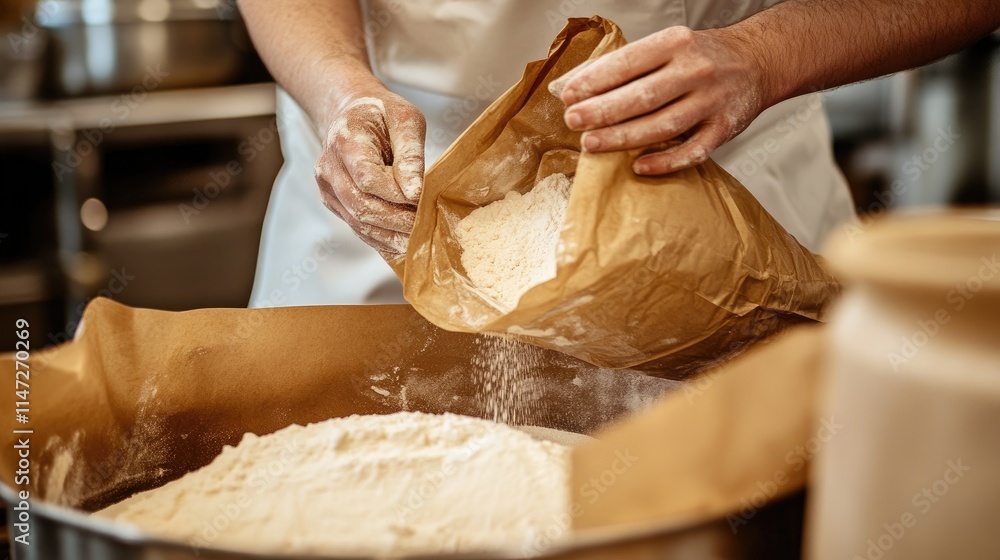 Poster bakery chef hands gently pouring flour from a brown paper bag into a large mixing bowl, showcasing t