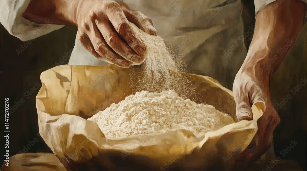 Poster bakery chef hands gently pouring flour from a brown paper bag into a large mixing bowl, showcasing t