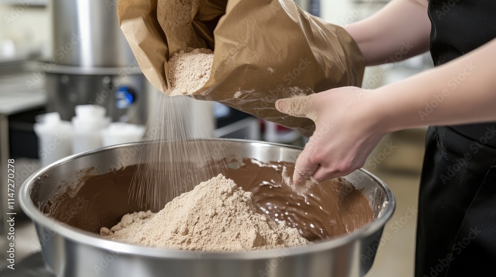 Poster bakery chef hands gently pouring flour from a brown paper bag into a large mixing bowl, showcasing t