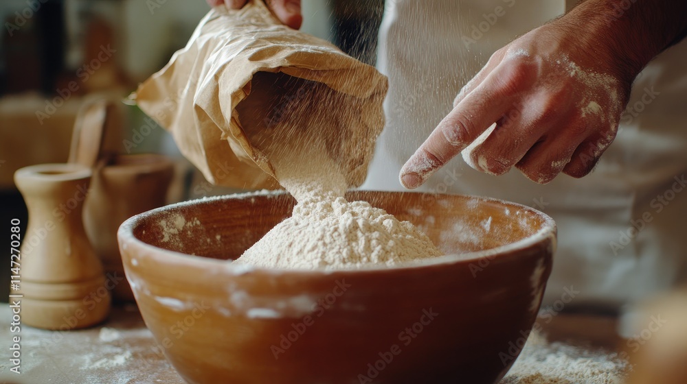 Poster bakery chef hands gently pouring flour from a brown paper bag into a large mixing bowl, showcasing t