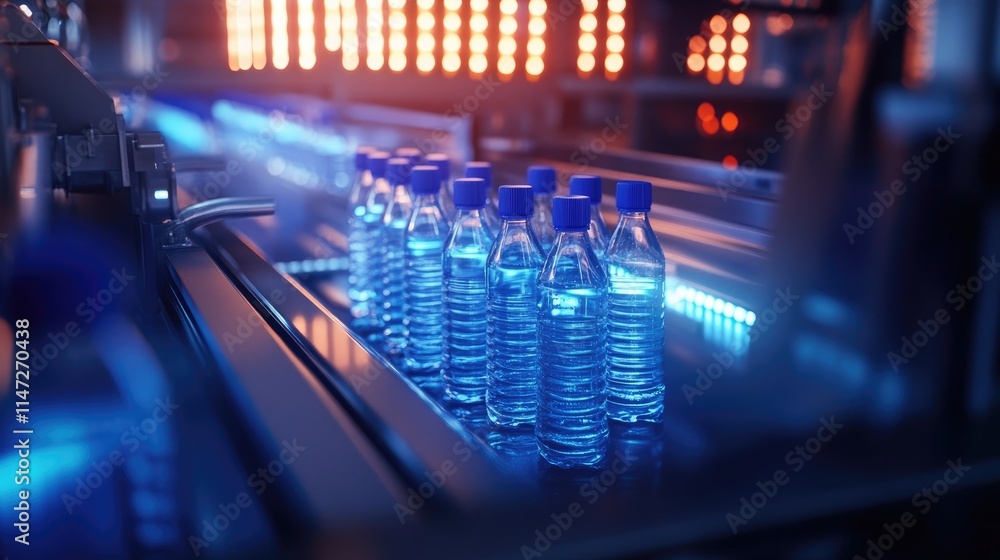 Aufkleber Clear water bottles with blue caps moving on a conveyor belt, illuminated by soft lighting in a modern factory setting, highlighting the precision and automation of the process